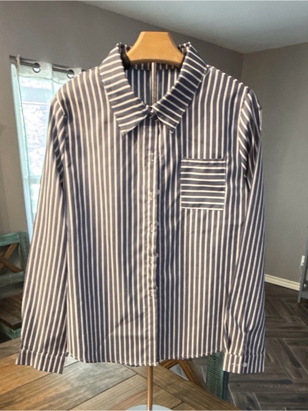 Amazon Women's Navy and White Striped Button-Down Shirt